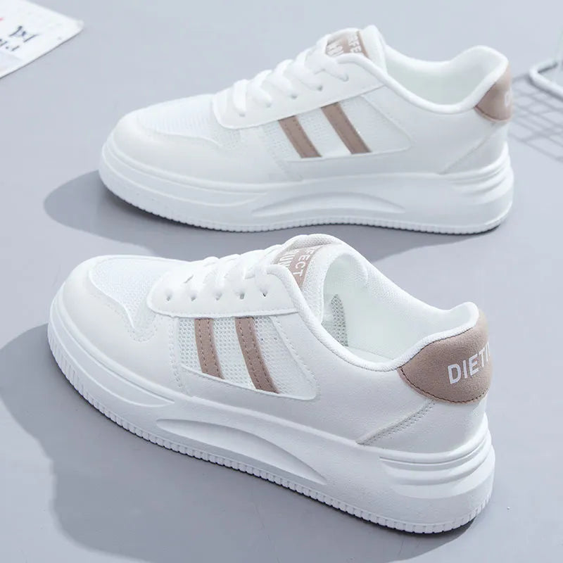 Women's casual sports sneakers with 3-5cm mid heel, artificial PU or mesh upper in white, blue or khaki, rubber sole