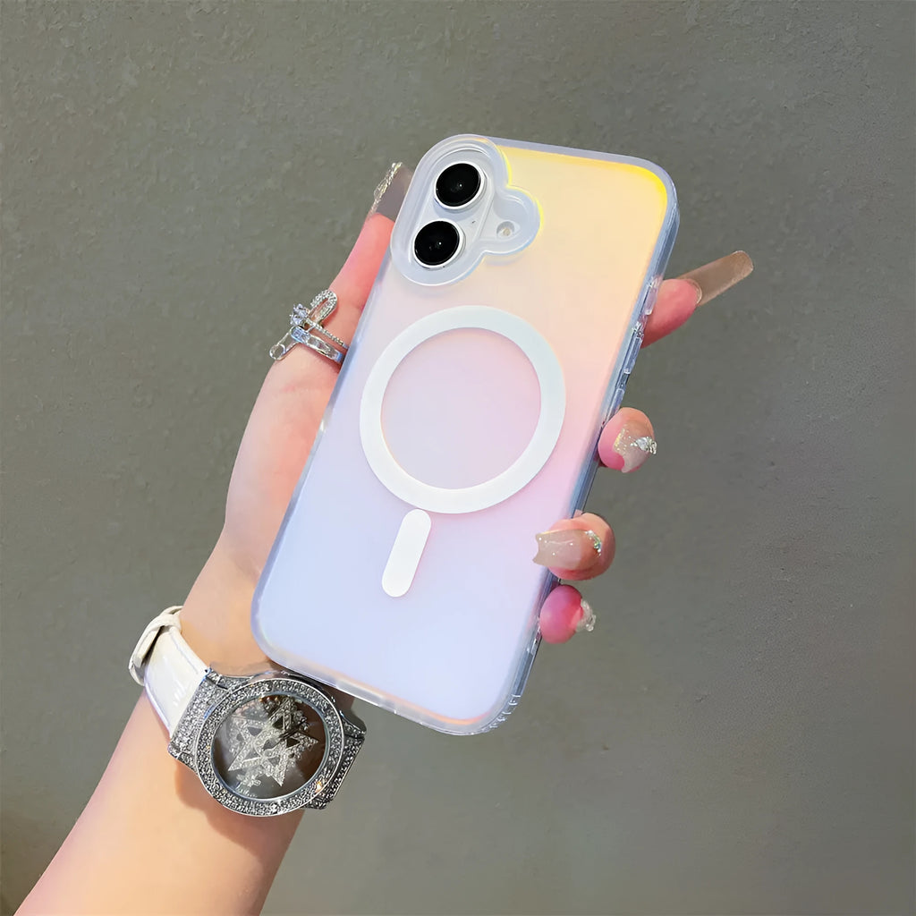 Laser gradient frosted magnetic phone case for iPhone 17 series on a dark background.