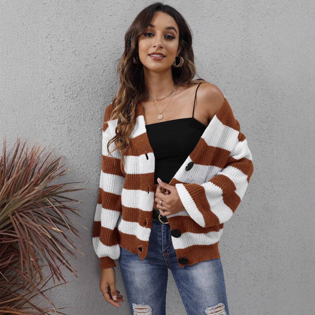 Women's striped deer plush cardigan with button front in blue.