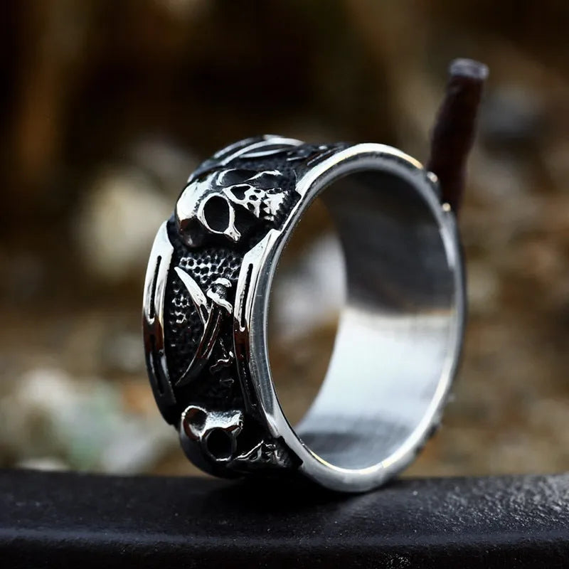 Steel Warrior men's titanium steel skull ring in retro punk style on a black background, showing the skull motif and metal finish