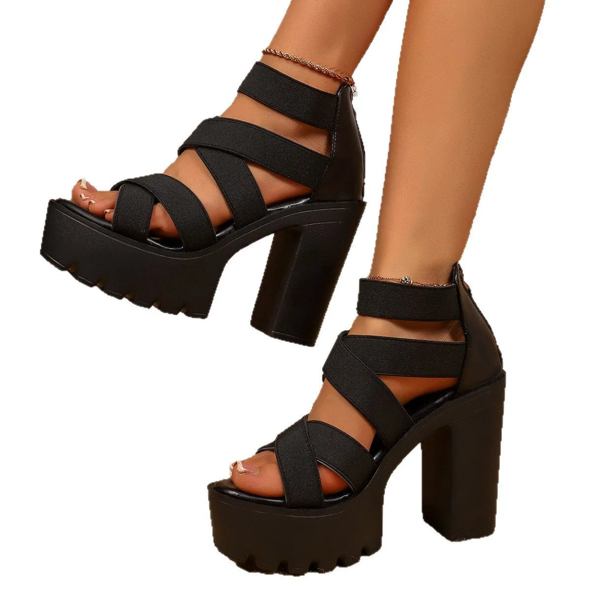 Women's black PU platform high heel open toe sandals with elastic band and round toe