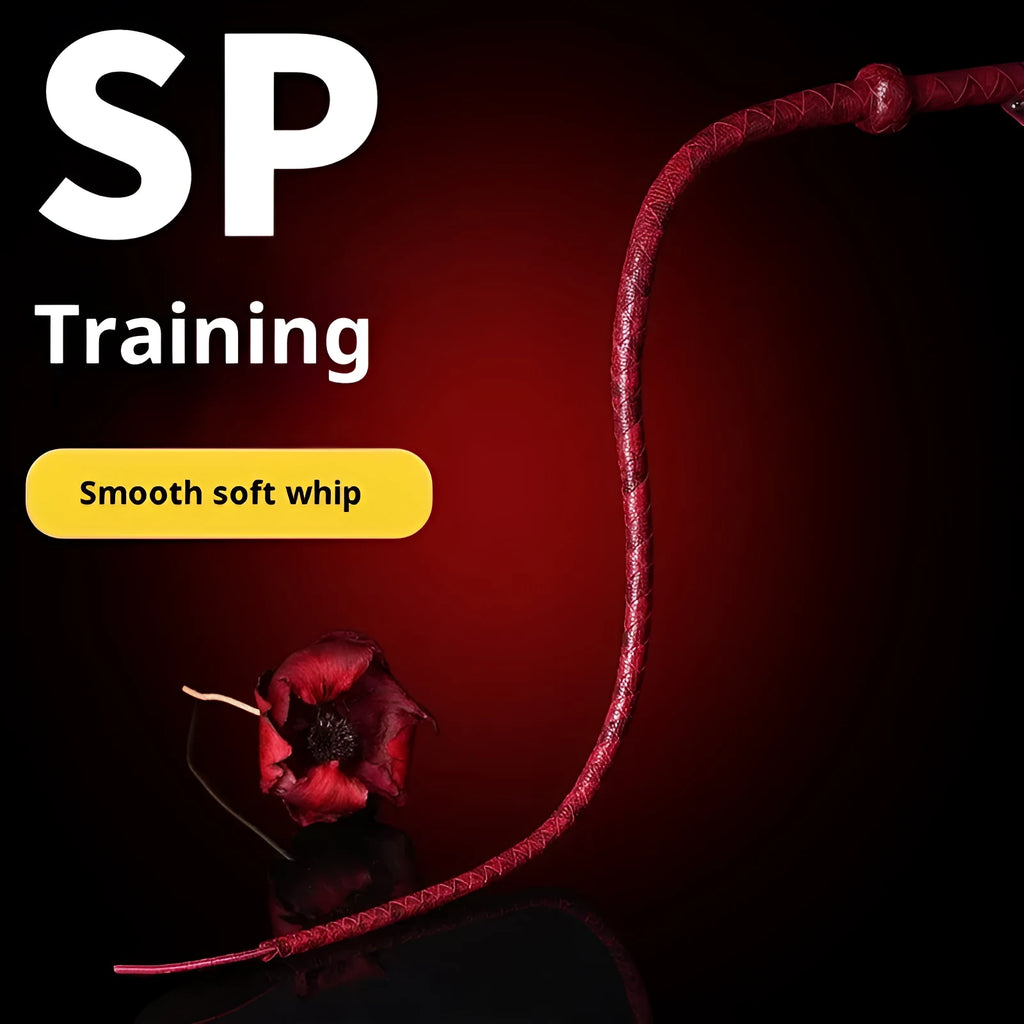 Red PU willow leaf whip BDSM training tool on black background