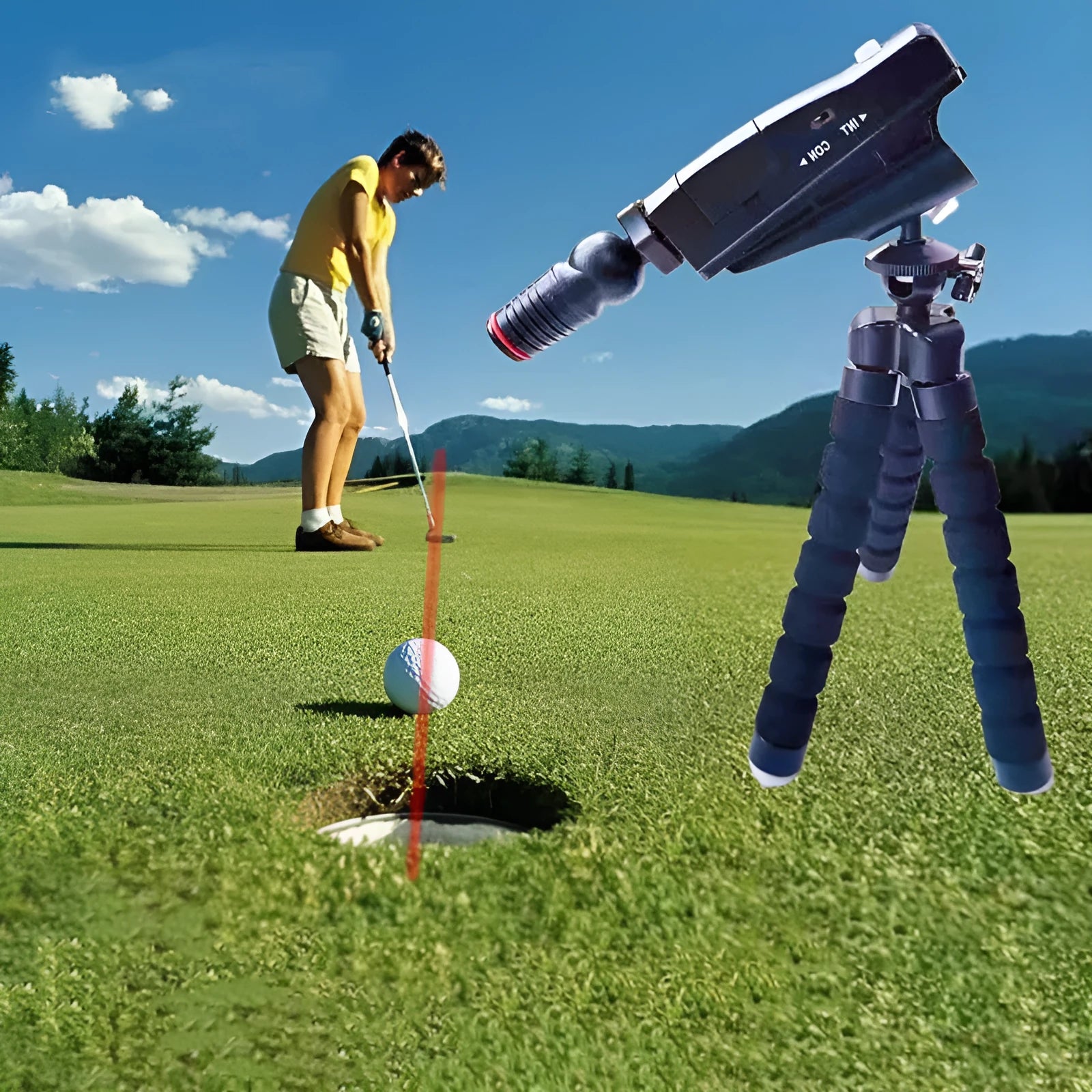 Golf putter with attached laser aiming sight and storage case
