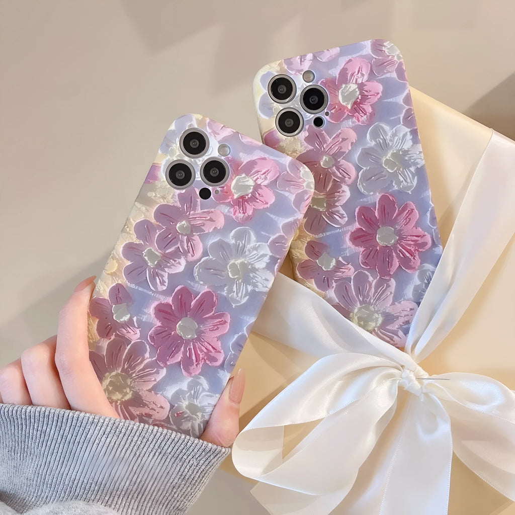 Pink silicone liquid oil painting flower phone case for iPhone rear cover protection