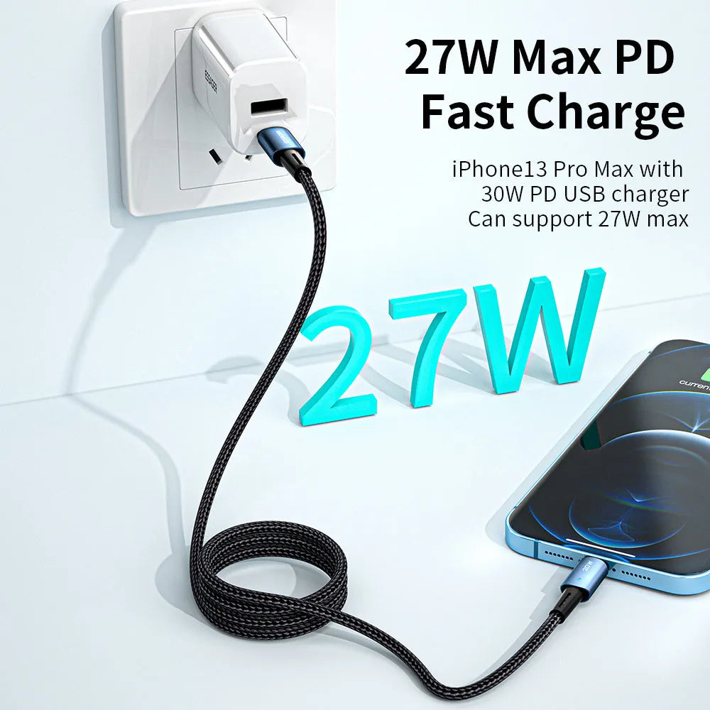 PD27W fast charging data cable in aluminium alloy with length options up to 3 metres