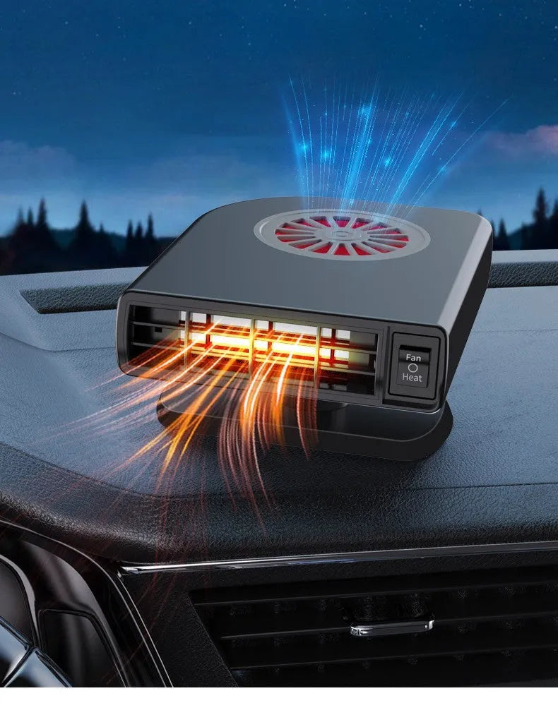 Black compact vehicle-mounted heater with adjustable vents on a car dashboard.