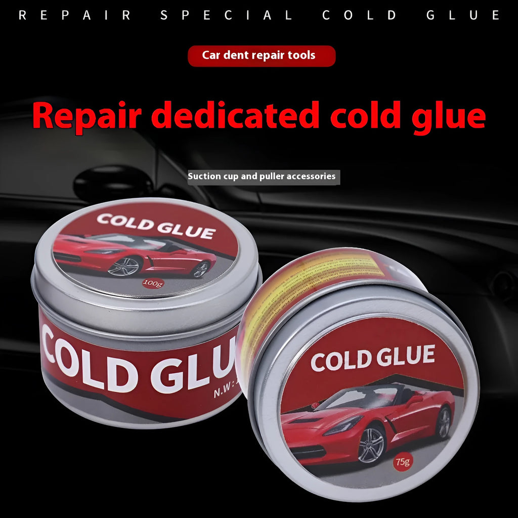 Tube of automobile repair cold glue for car dent and scratch fixes.