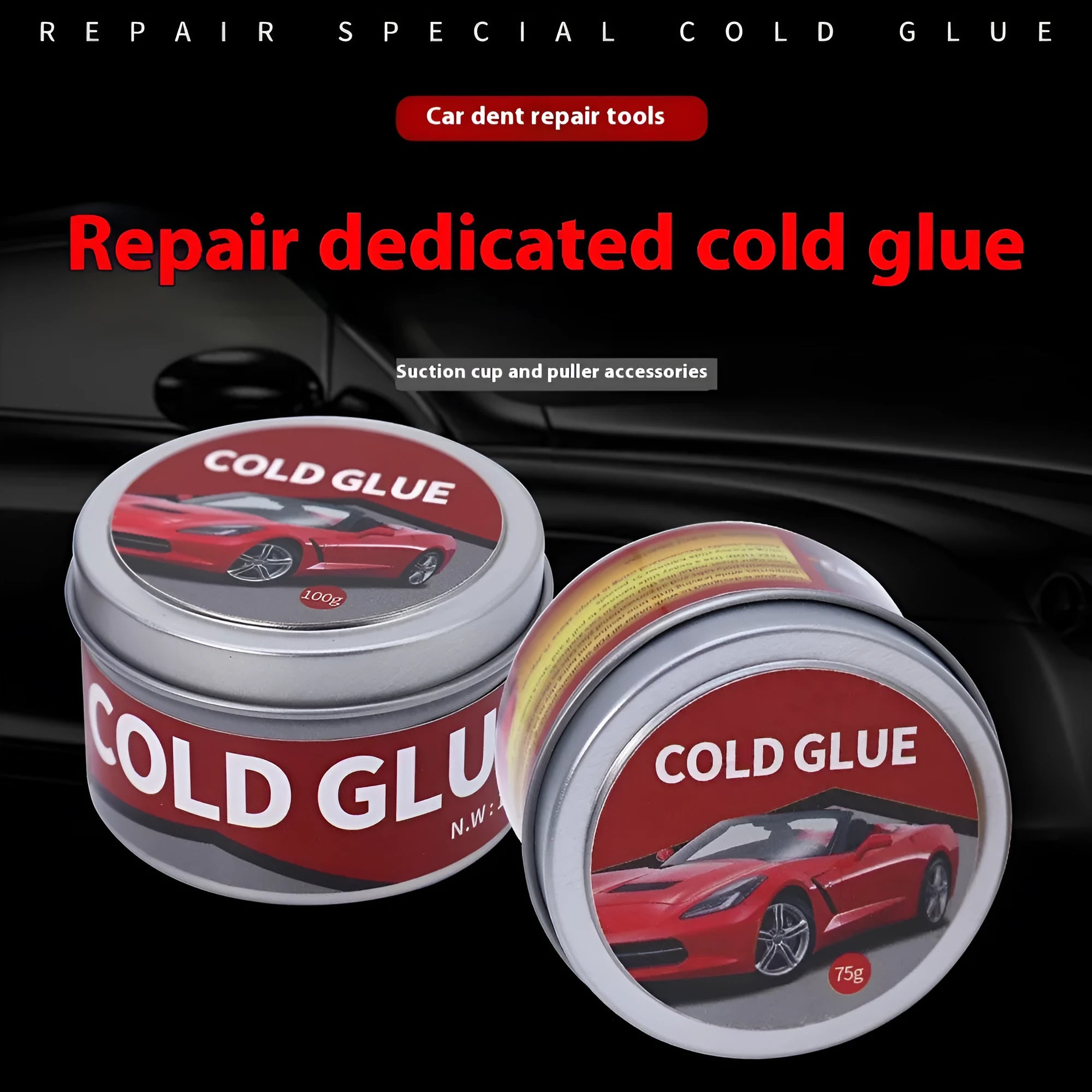 Tube of automobile repair cold glue for car dent and scratch fixes.