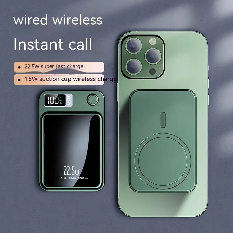 Magsafe wireless power bank in industrial style with plastic shell showing black, green, purple and white colour options