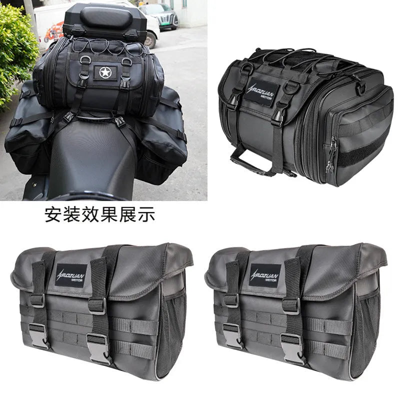 Waterproof motorcycle rear seat side bag set with 20 litre and 22 litre bags for universal bike fit