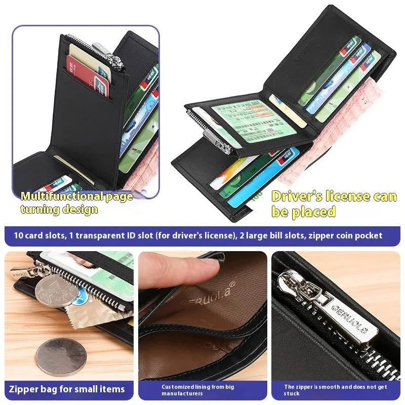Men's brown leather wallet with zipper closure and rhombus pattern
