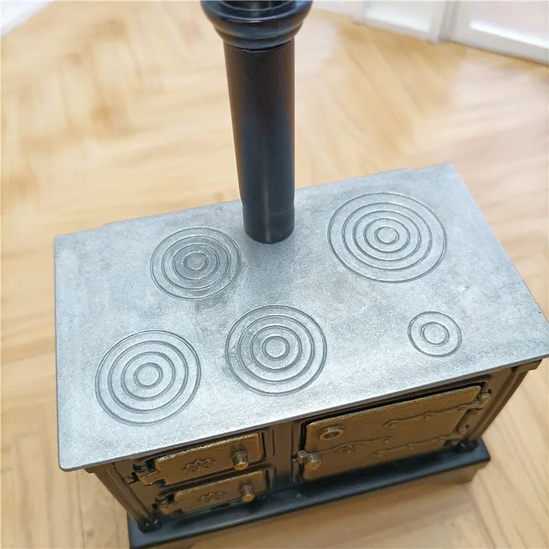 Brown miniature wrought iron stove model for dollhouse kitchen scene accessory