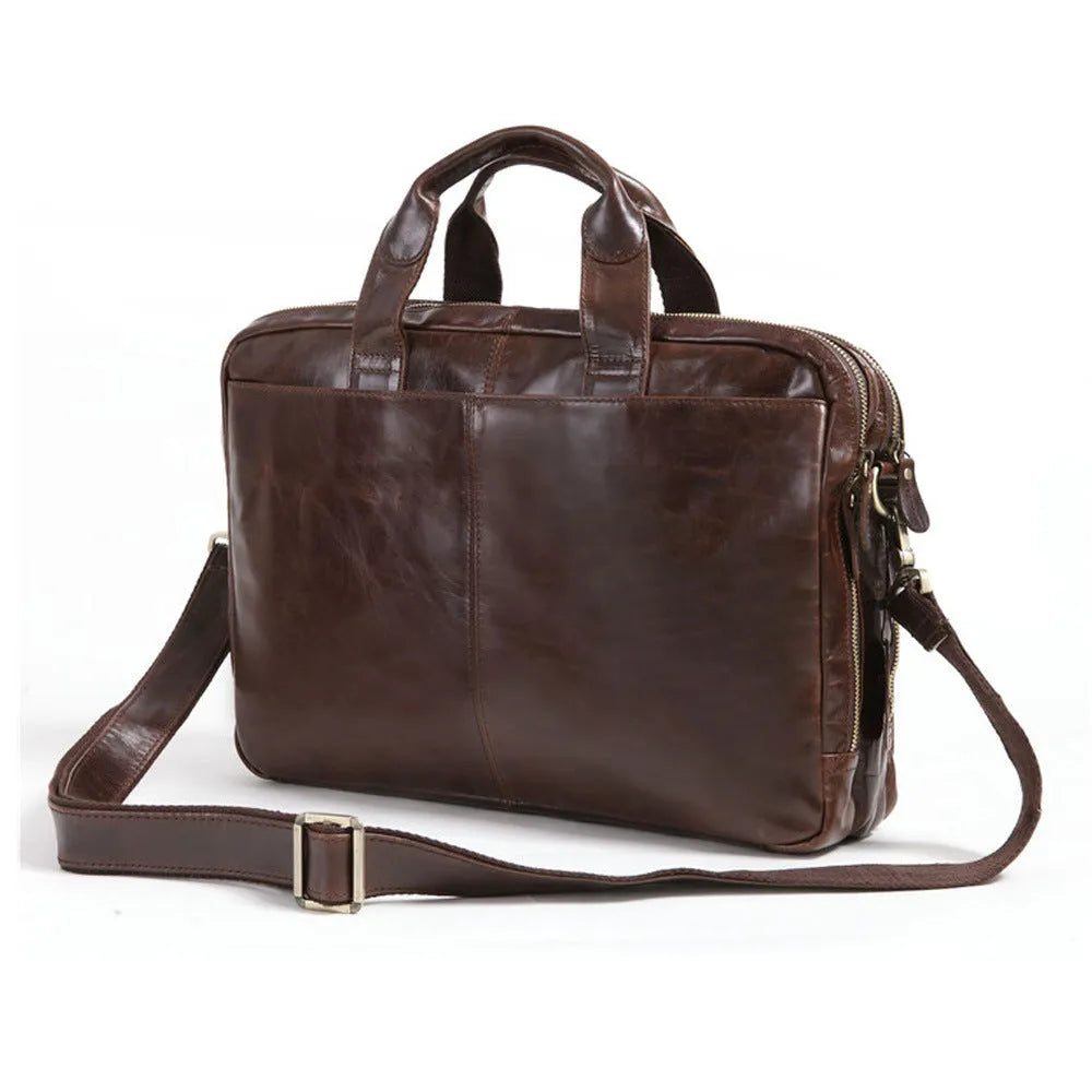 Brown leather business briefcase with pattern finish, 18-inch size for laptops and documents