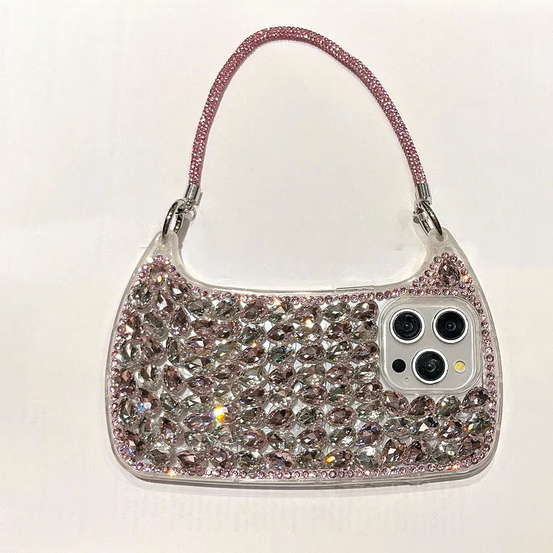 3D glass rhinestone small handbag phone case with chain strap for iPhone, pink or white diamond