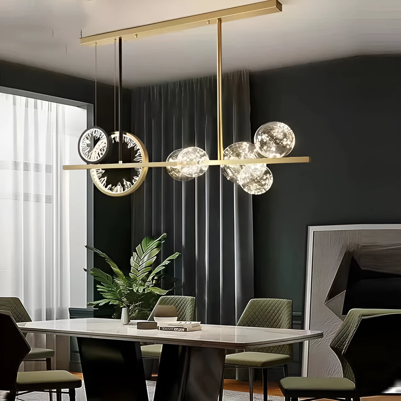 Glass chandelier ceiling light with remote control, iron frame, 95cm diameter, warm light, installed in a living room