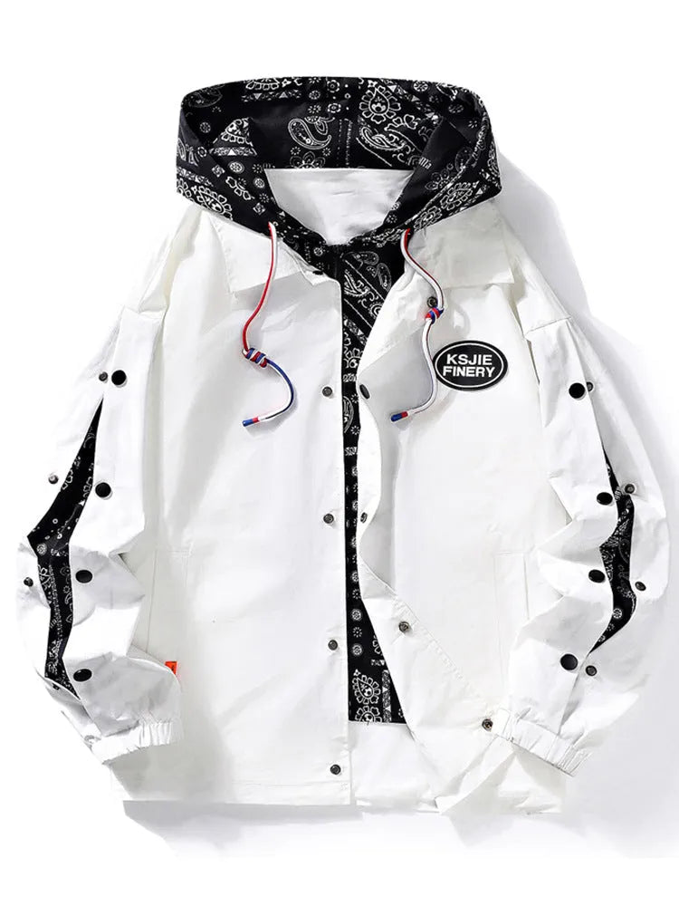 Men's loose-fit hooded jacket with paisley print, side pockets, in black or white from M to XXXXL