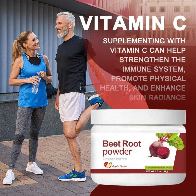 150g jar of apple-flavoured beetroot powder drink mix with vitamin C, magnesium, and potassium