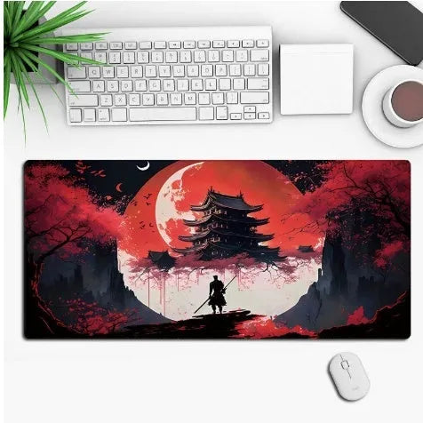 Large black anime-themed gaming mouse pad with non-slip rubber base on a wooden desk.