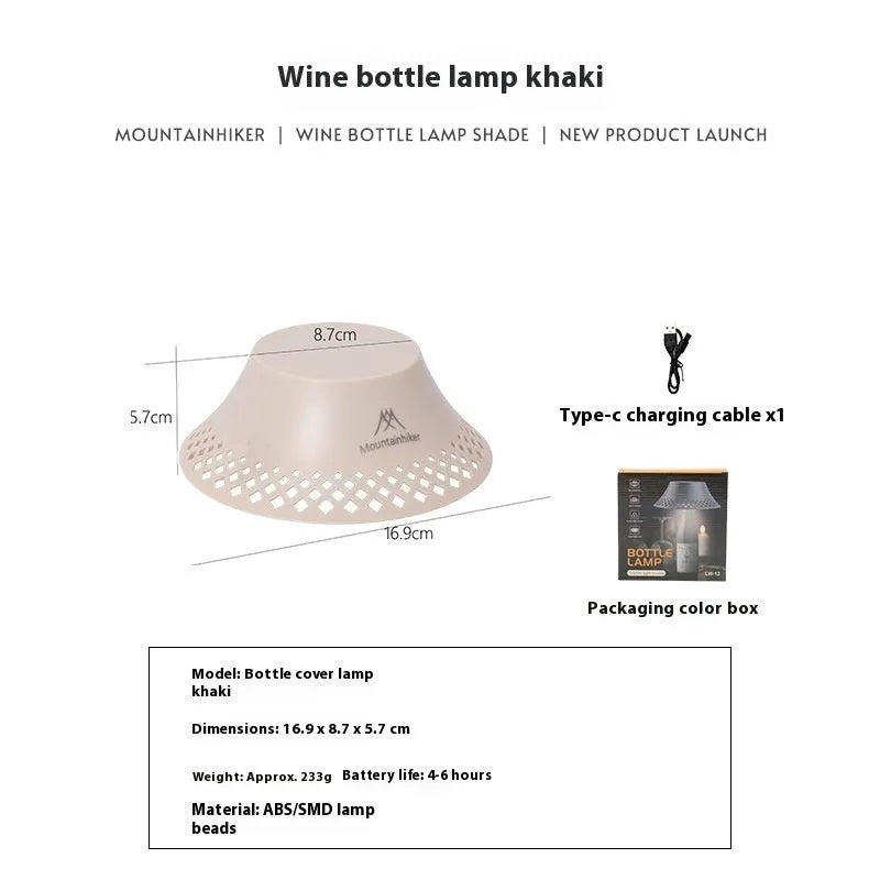 Beige and grey repurposed wine bottle camping lanterns with a gear switch on top for adjusting light mode.