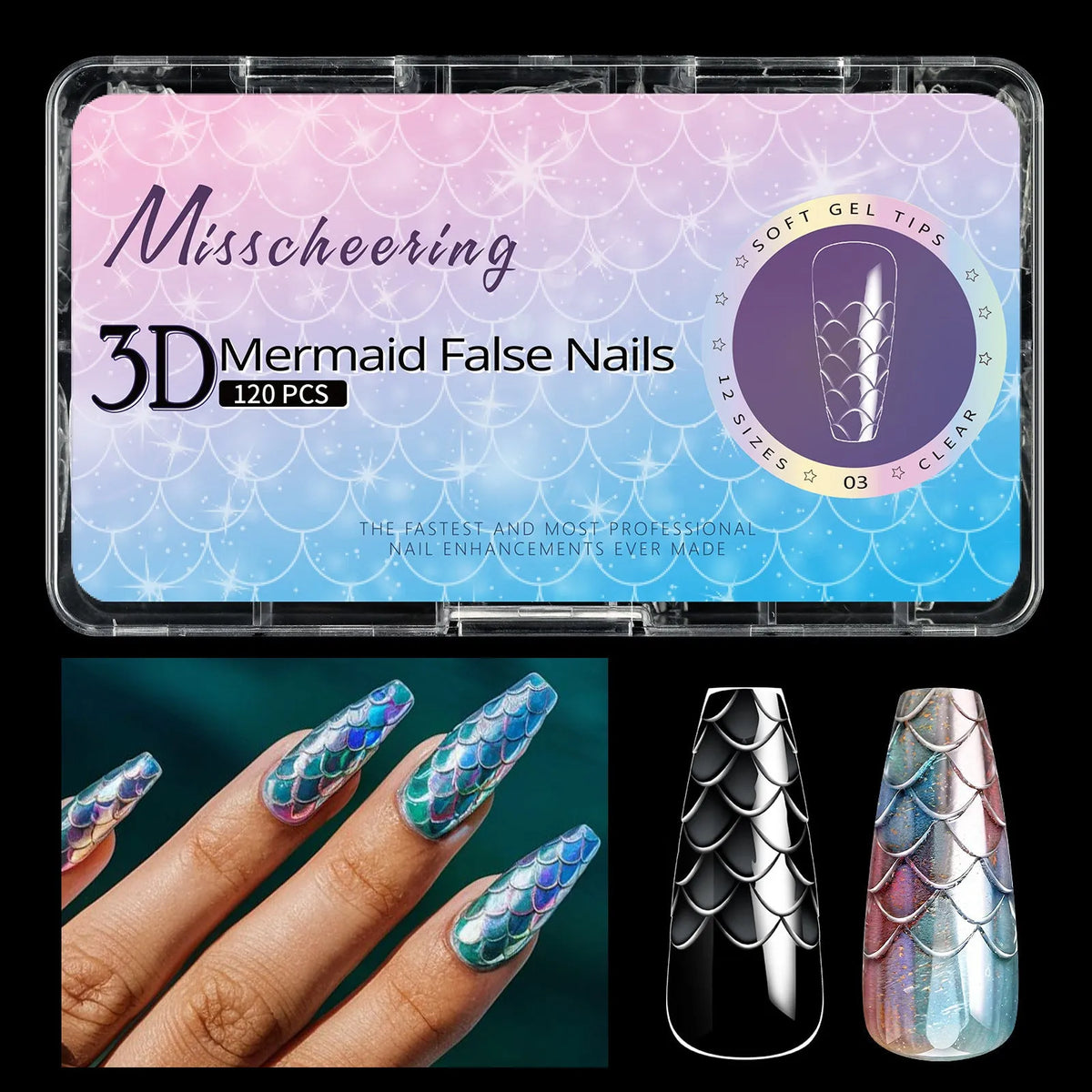 3D scale long shaping nail tips in colour-coded packaging for professional manicures