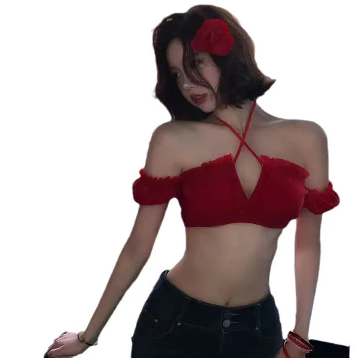 Red women's bikini swimsuit with puff sleeve top and briefs-style pants