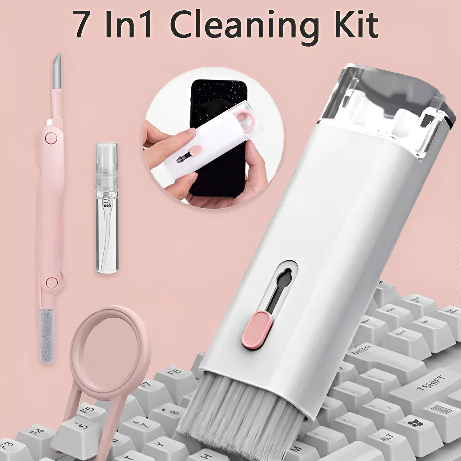 White electronic cleaning kit with cleaning pen, brush, keycap puller and spray bottle for laptops and earbuds