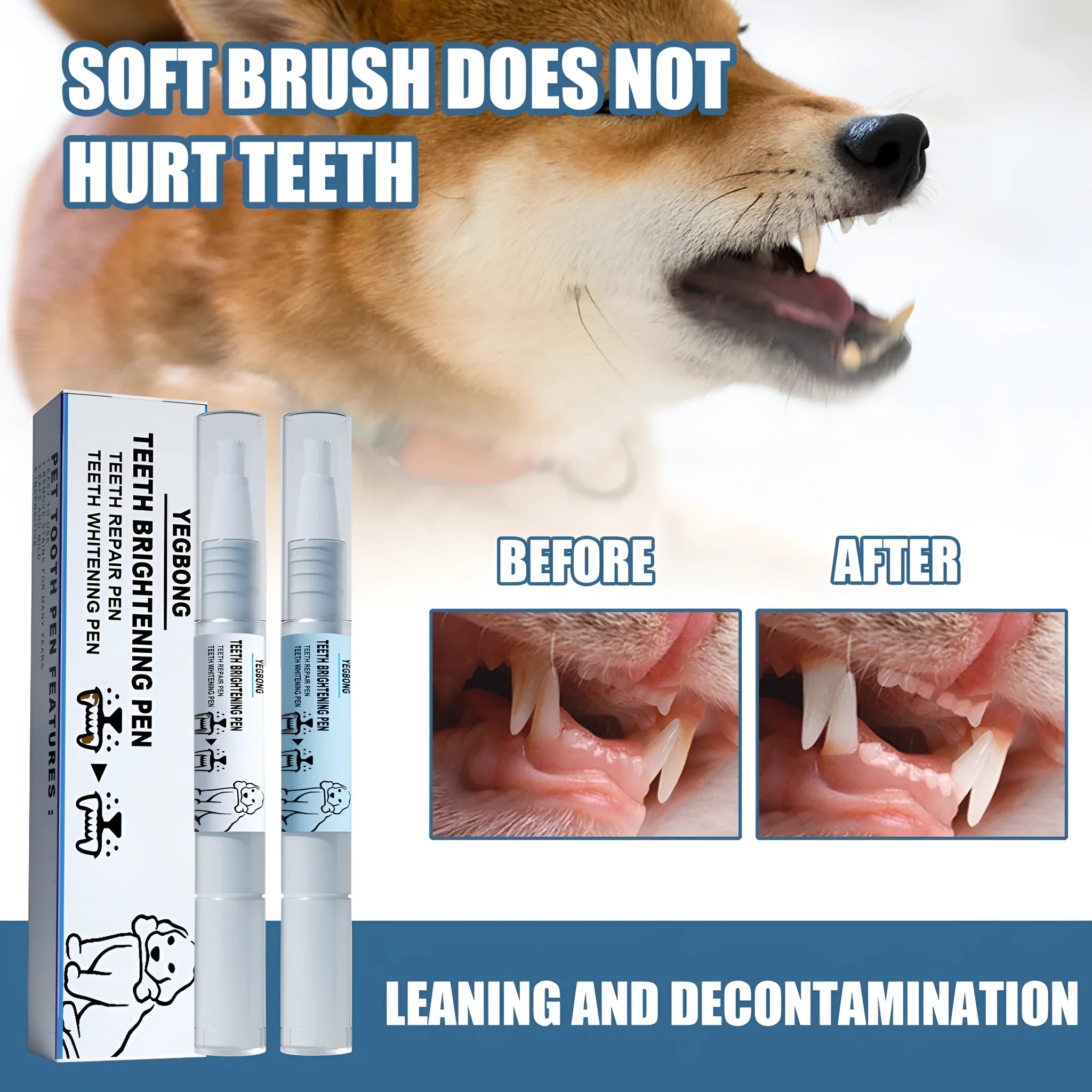 Pet teeth whitening pen and dental brush set for canine and feline tartar removal