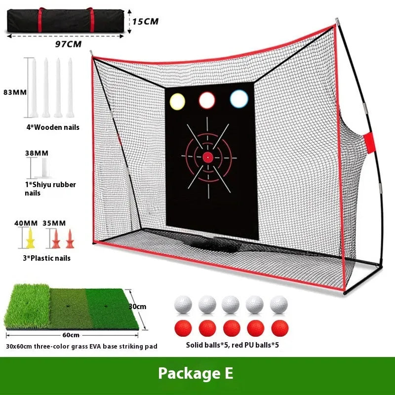 Golf wedge training net with 3-hole cross design and straw practice mat with accessories