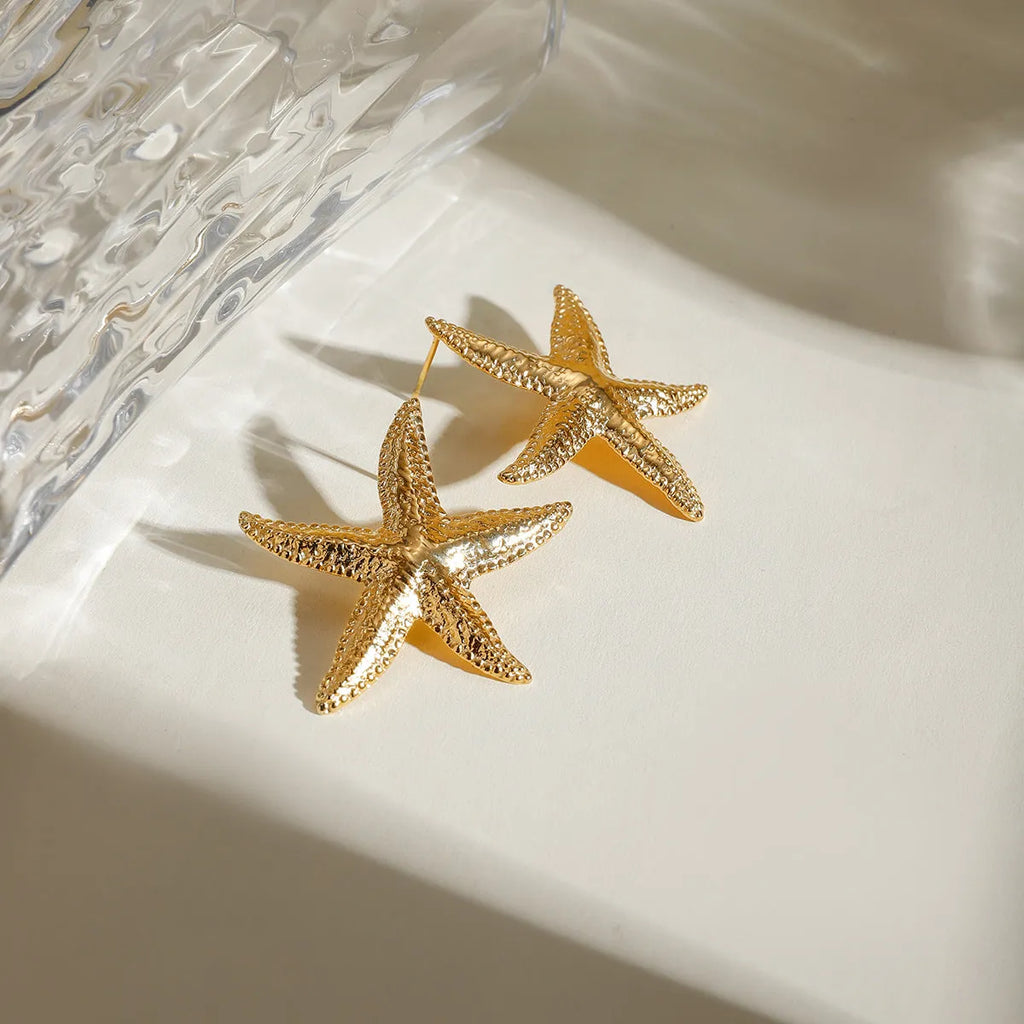 Gold starfish earrings with electroplated finish on stainless steel, animal zodiac design