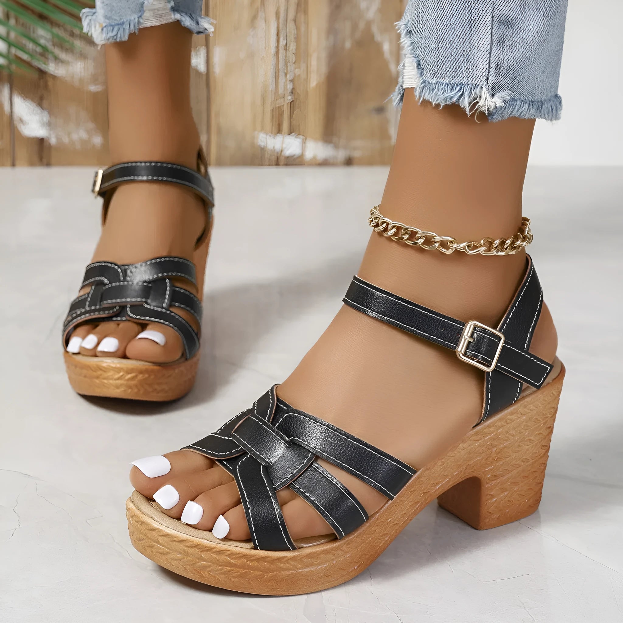 Plus size Roman women's peep toe sandals with chunky heel and ankle buckle in black