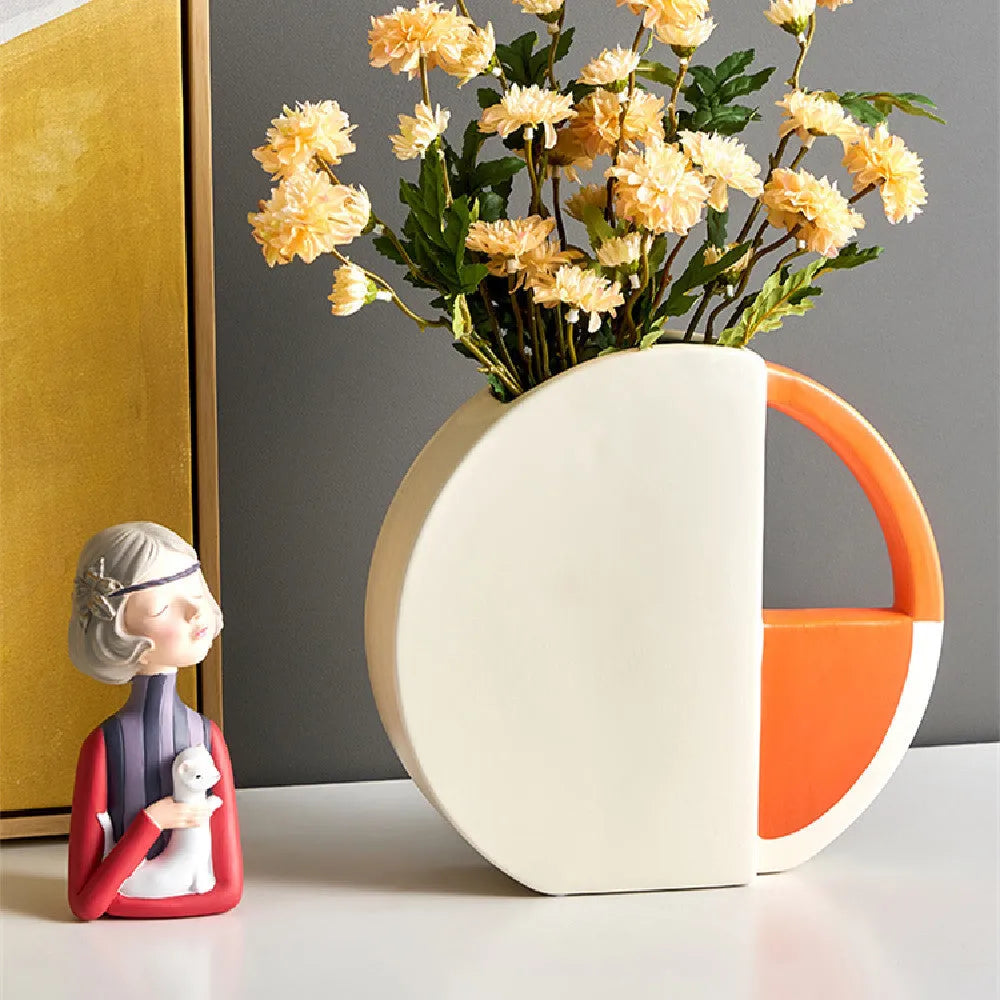 Orange and white ceramic vase, simple modern style, 21.5x24x6cm with 10cm diameter, freestanding for indoor home decor