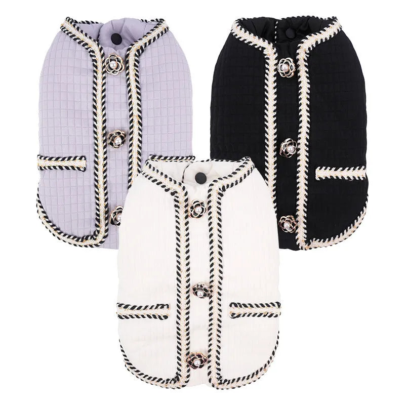 Cartoon-style quilted dog coat in light purple, sized for a medium dog.