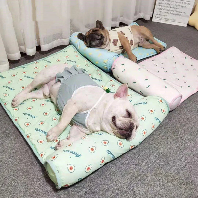 Ice silk cooling pet mat with pillow, non-slip bottom, in pink cherry, blue banana, or green avocado.