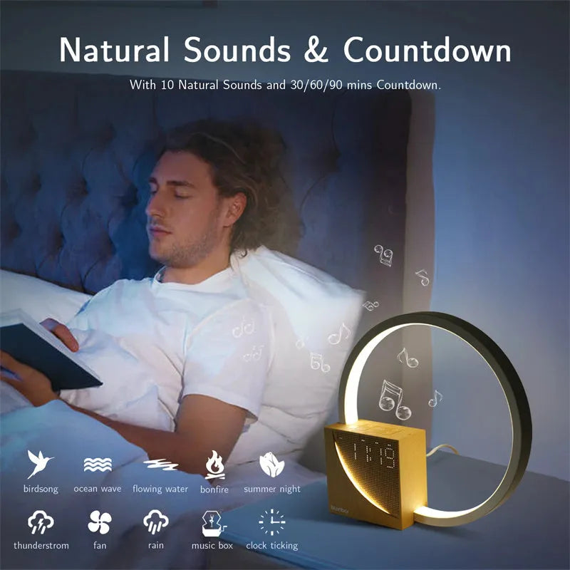 Wooden touch control bedside lamp with alarm clock display and natural sound options