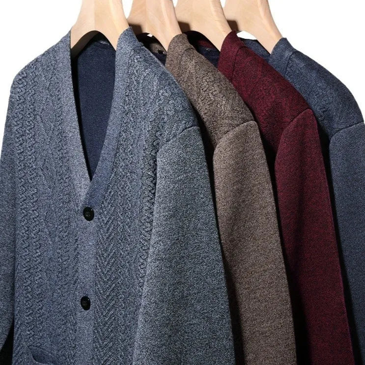Men's striped long-sleeve cardigan sweater in brown, shown on a hanger.