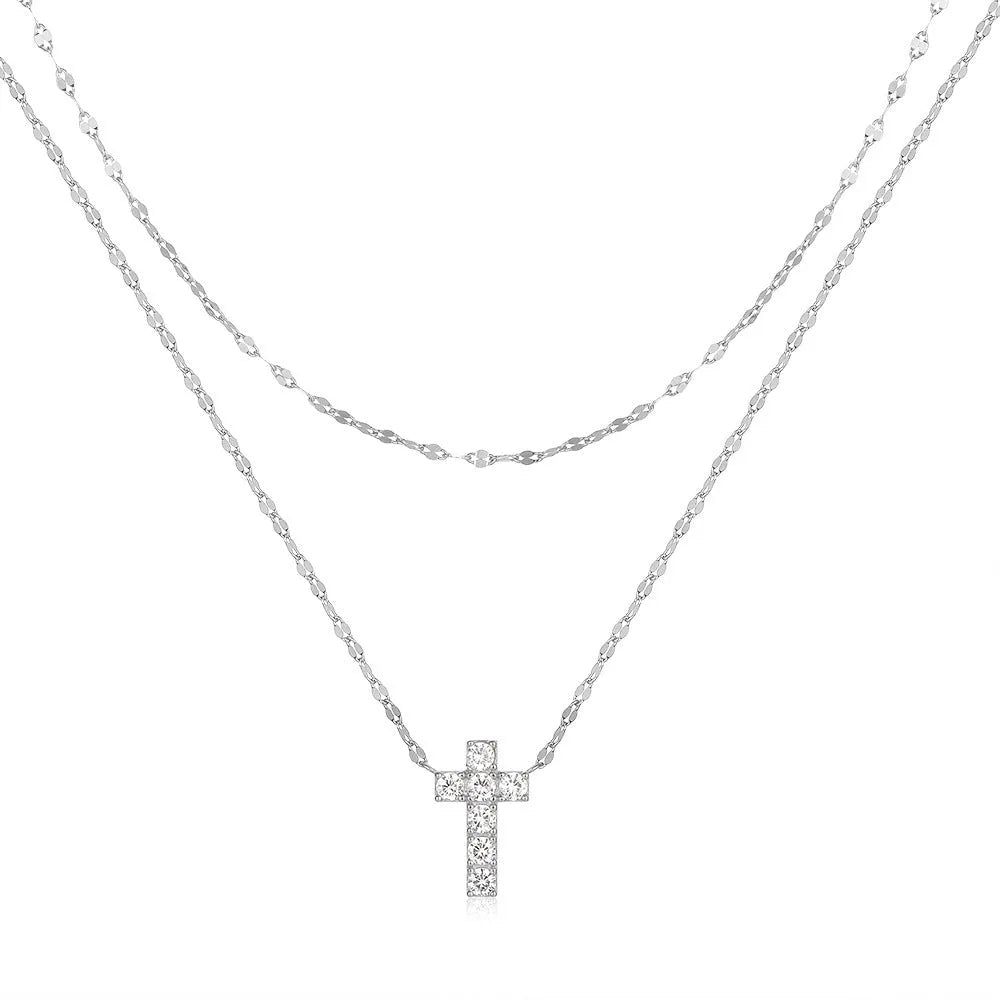 S925 sterling silver necklace with a double layer diamond cross pendant on a clavicle chain.