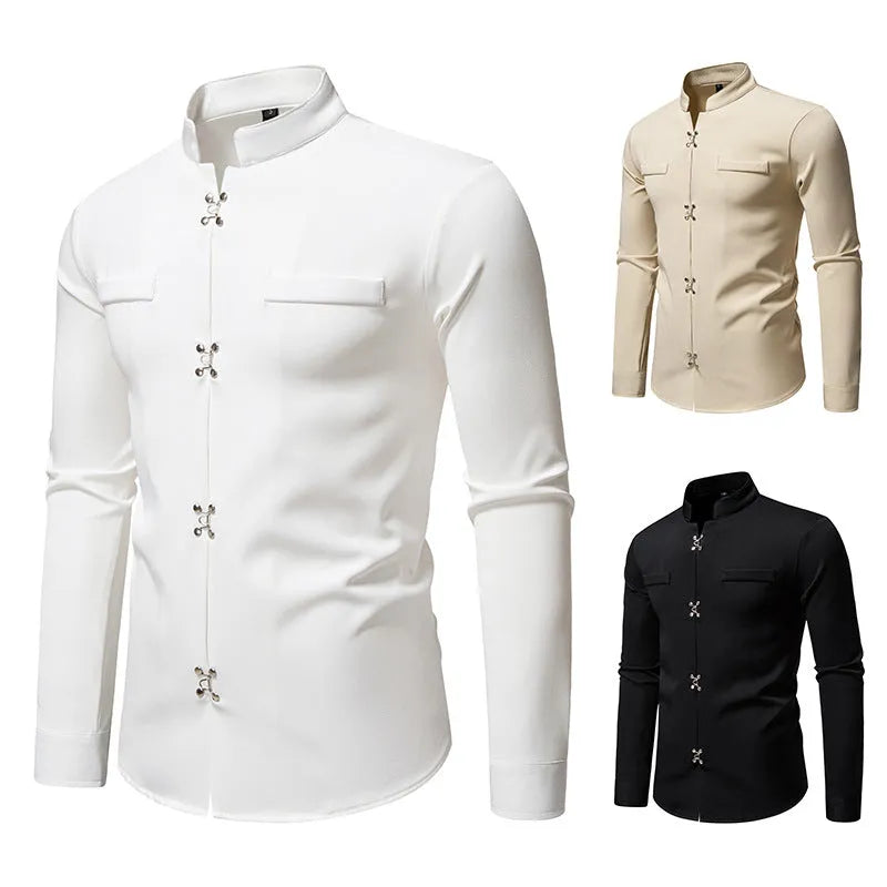 Men's long-sleeved polyester casual shirt in black, white, and khaki colours, slim fit, cardigan style