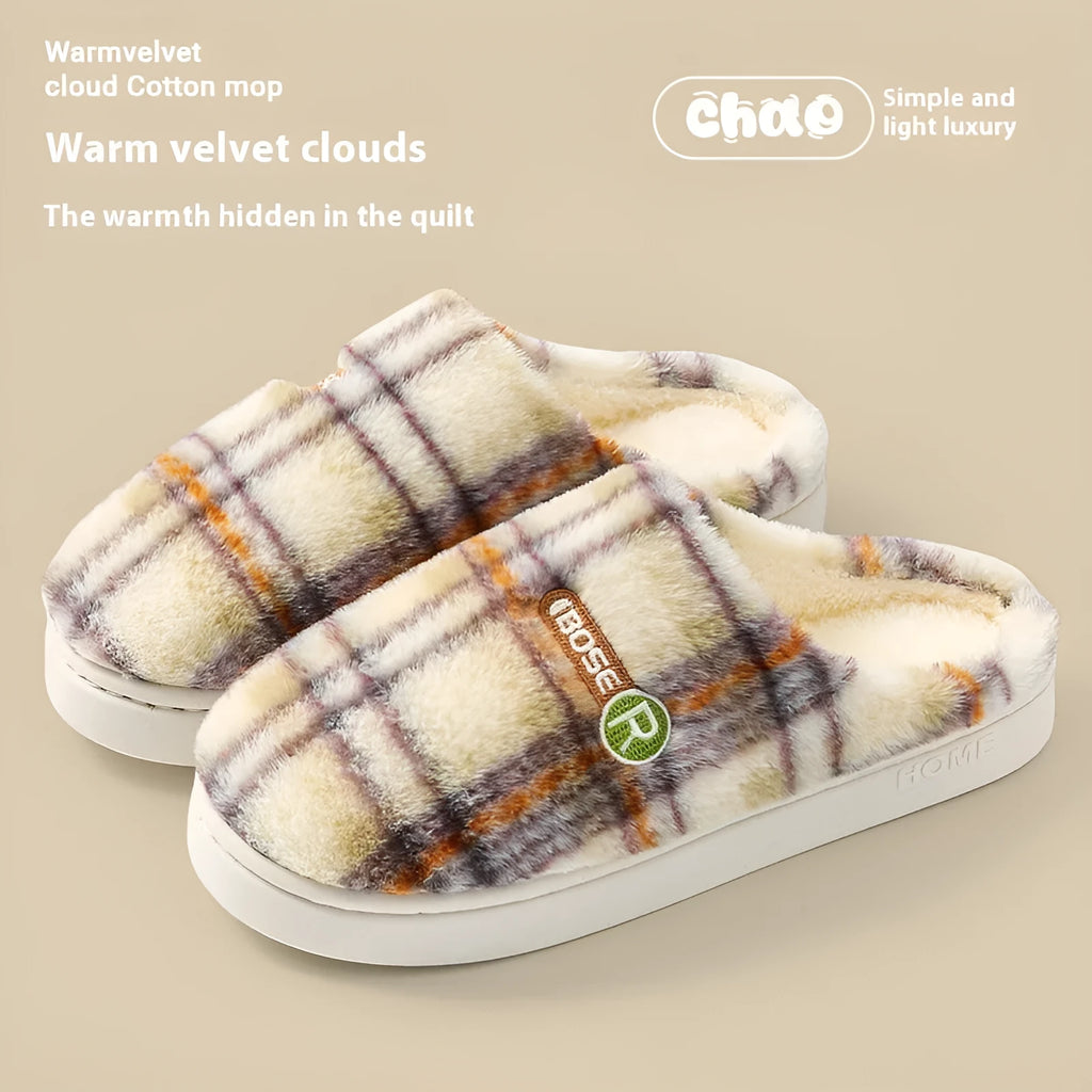 Plaid pattern cotton slippers with a non-slip PVC sole shown in A857 Coffee colour.