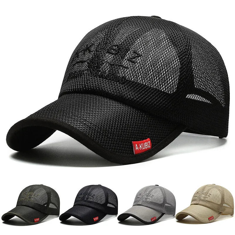 Men's cotton mesh baseball cap in Army Green with an adjustable strap, shown from the side.