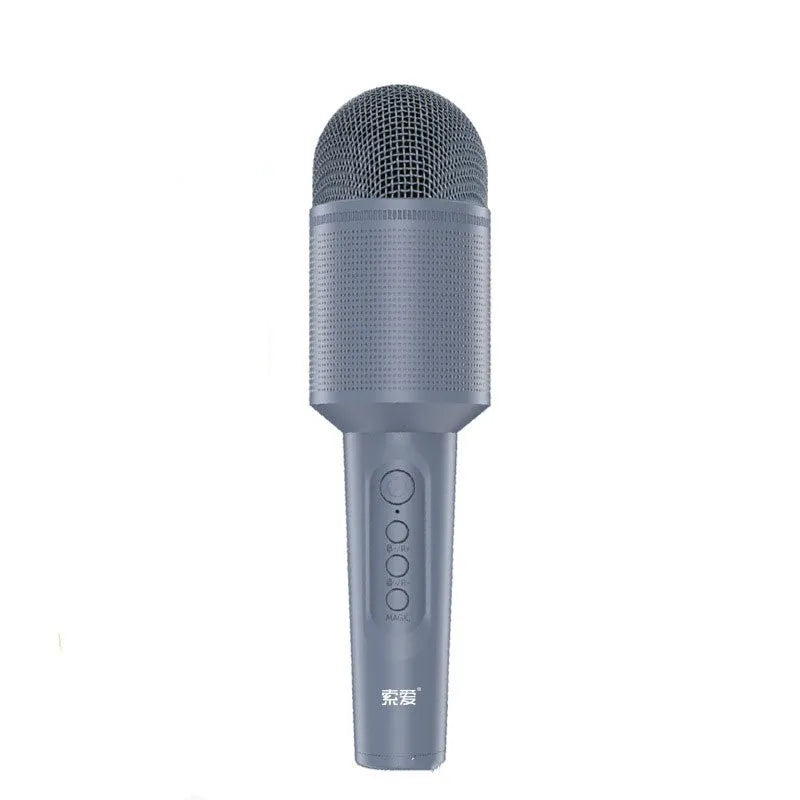 Wireless Bluetooth karaoke microphone with integrated speaker in blue, pink, or green colour options.