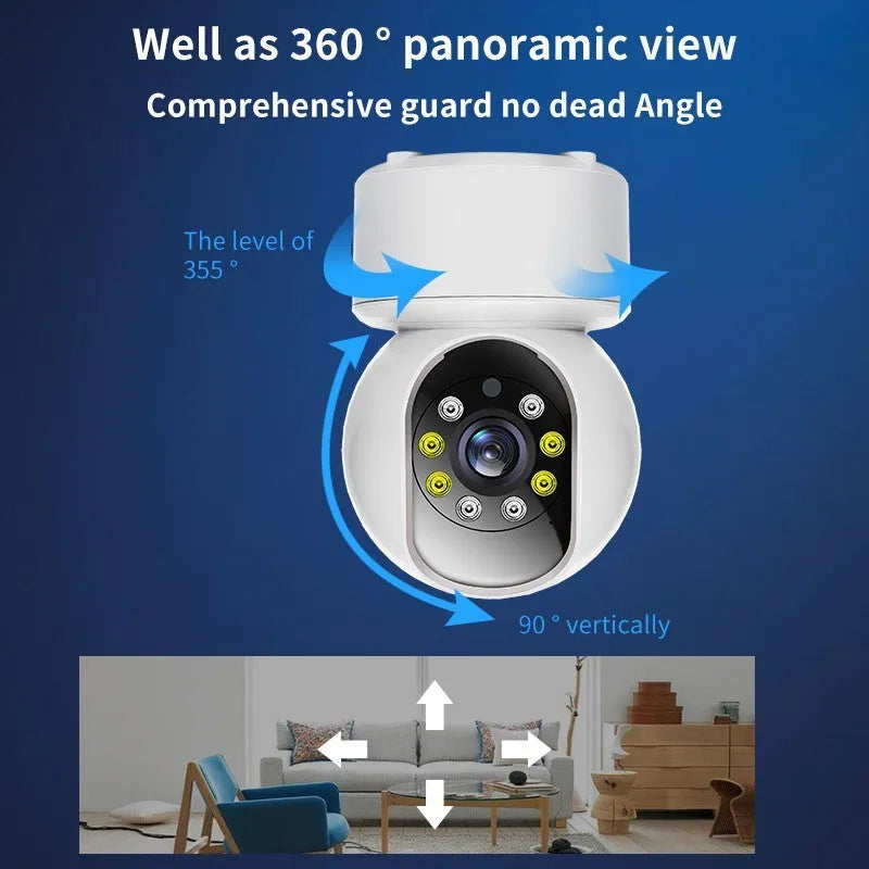 White indoor WiFi security camera with 360-degree rotation capability on stand
