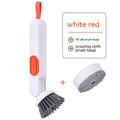 White and red long-handle cleaning brush with liquid dispenser and two brush heads for kitchen use