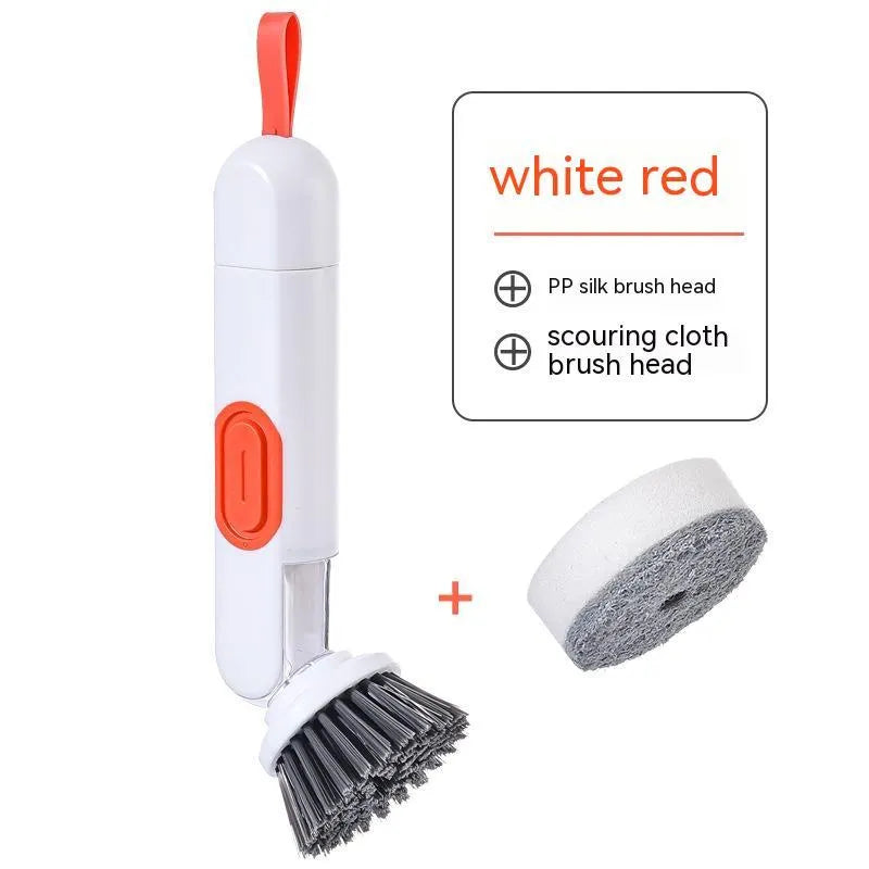 White and red long-handle cleaning brush with liquid dispenser and two brush heads for kitchen use