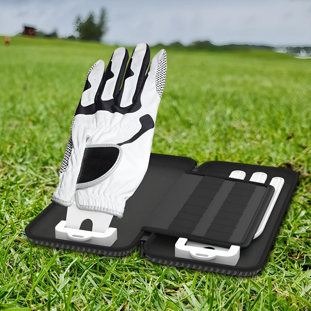 Silver grey golf double glove storage bag with two integrated marking brackets for organised accessory storage