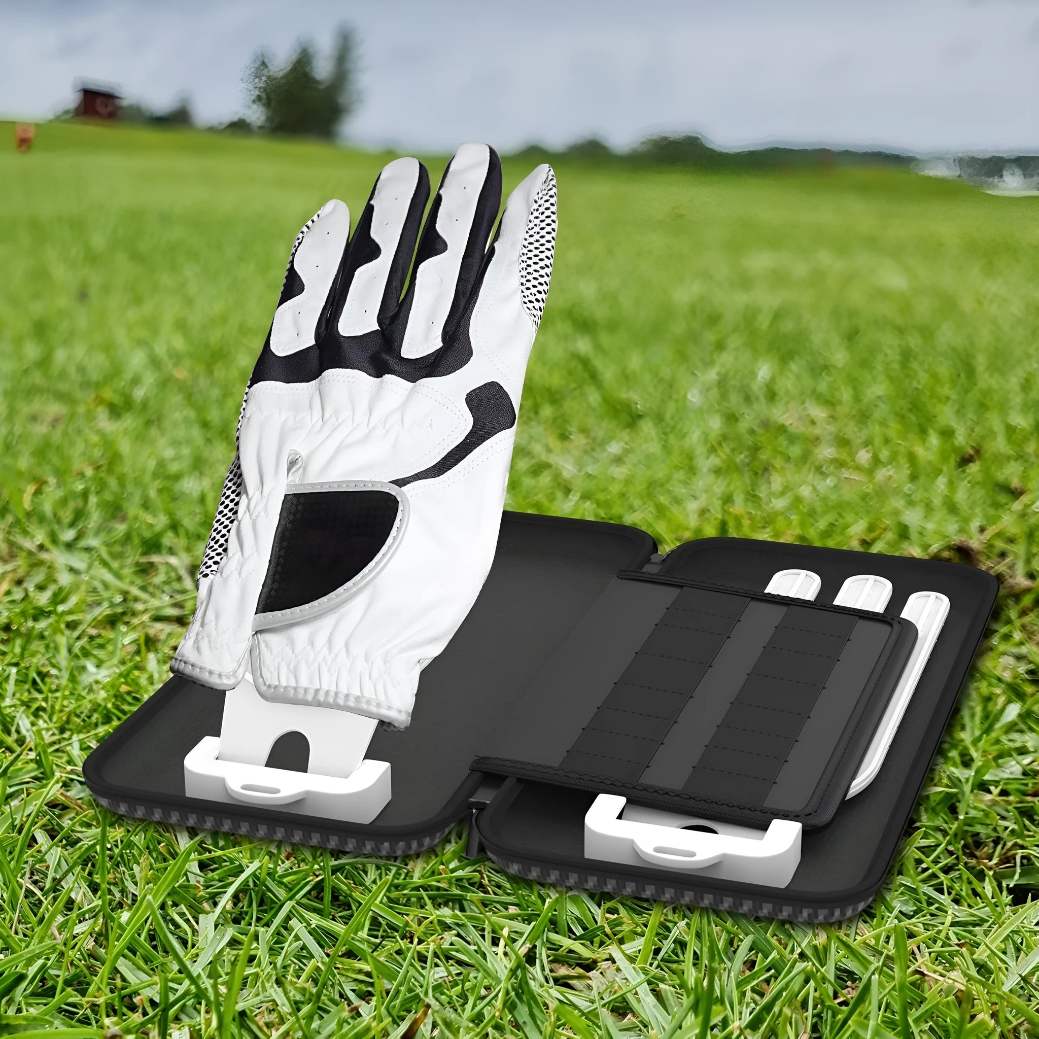 Silver grey golf double glove storage bag with two integrated marking brackets for organised accessory storage