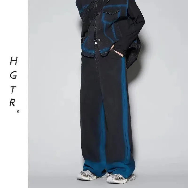 Men's blue fleece-lined distressed denim vest and jeans co-ord suit set on a hanger.