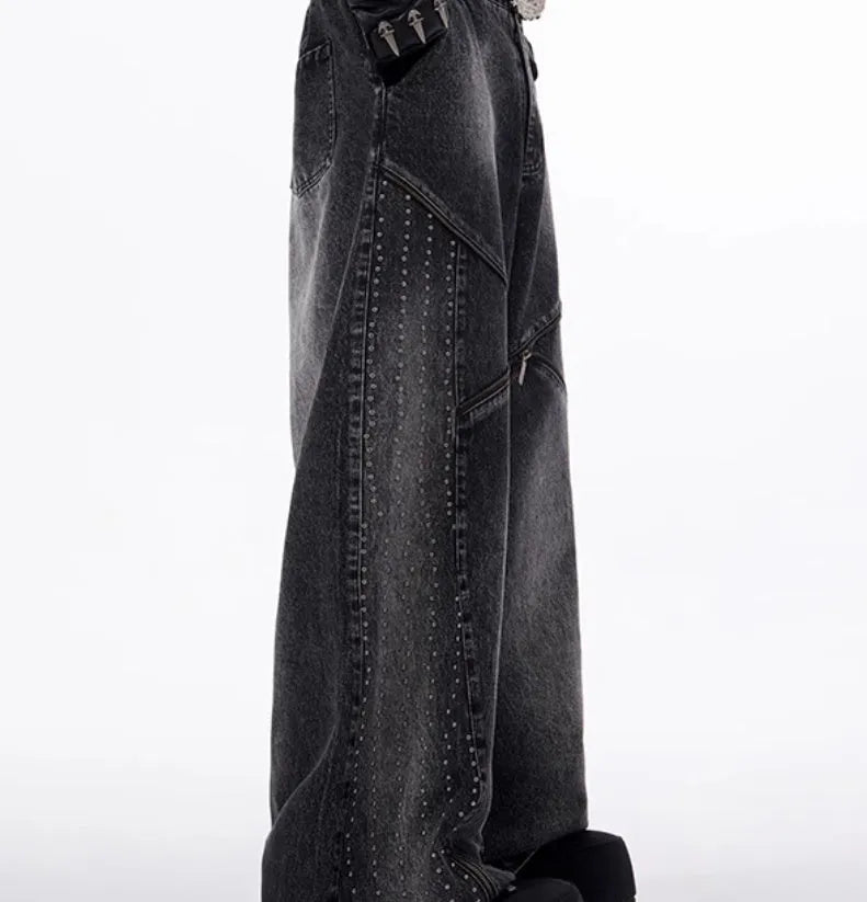 Korean style two-piece set with structure zipper wide leg pants and matching top in black and grey washed cotton denim