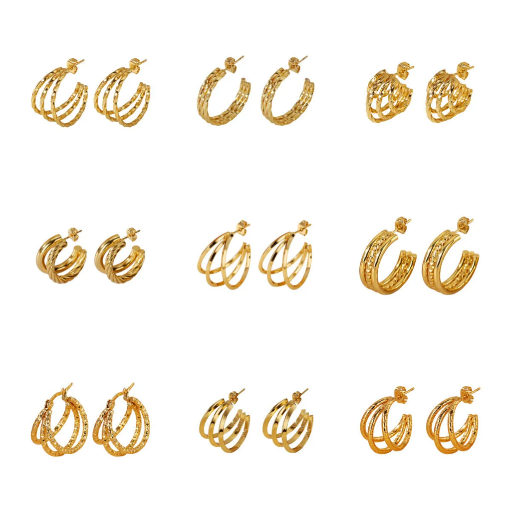 Geometric line splicing earrings in gold titanium steel, 25mm size, for sensitive ears