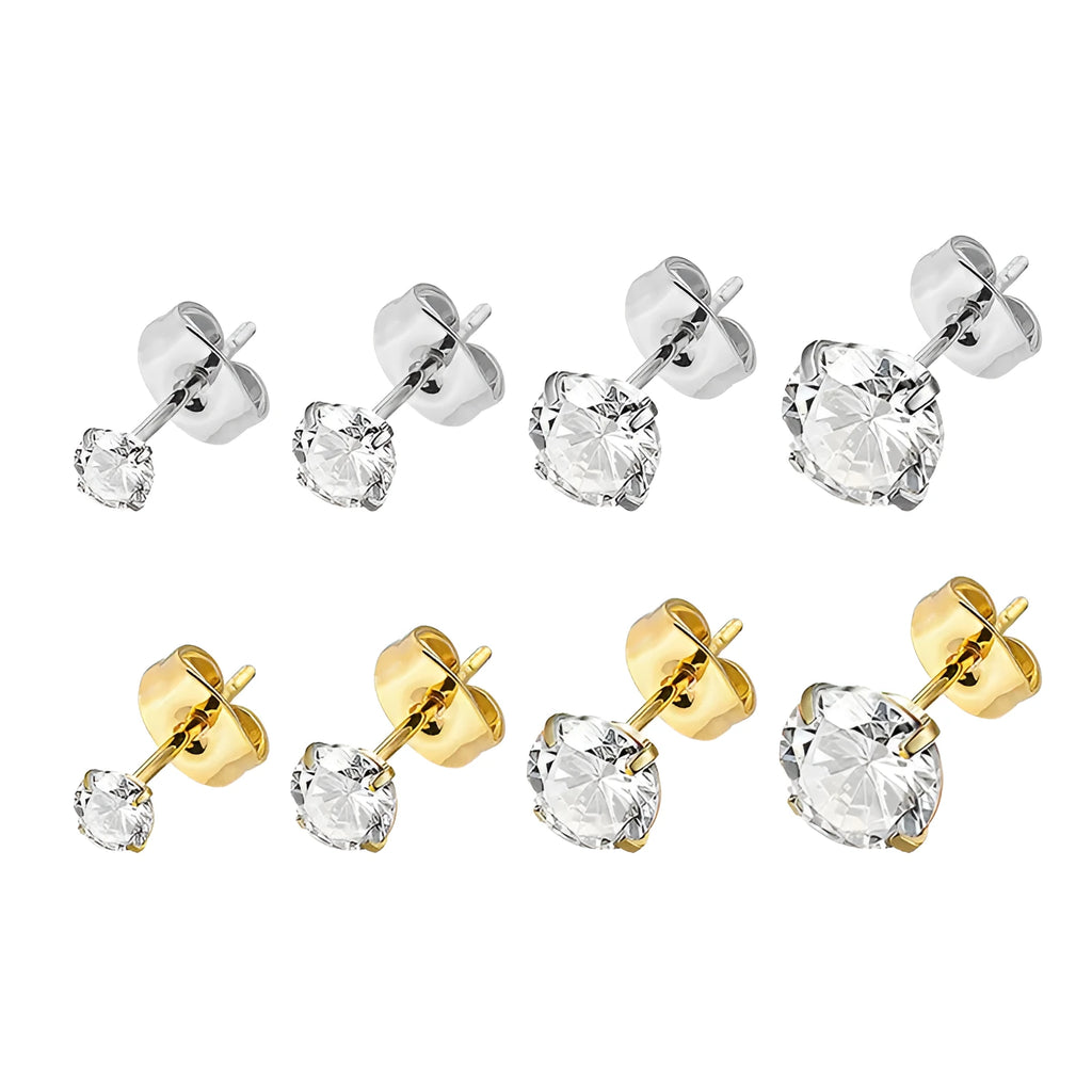 Geometric square and round zircon stud earrings in stainless steel with gold or steel electroplating