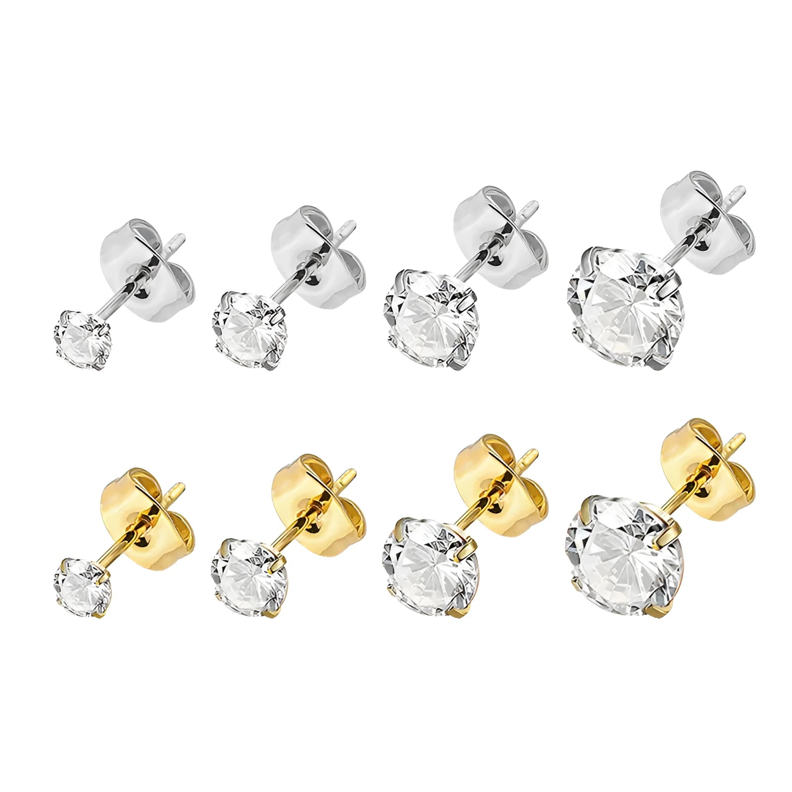 Geometric square and round zircon stud earrings in stainless steel with gold or steel electroplating
